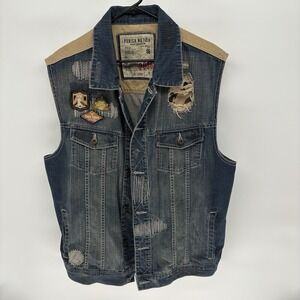 Y2K Parish Nation Denim Trucker Vest Embroidered Patchwork Grunge Punk Biker 2XL